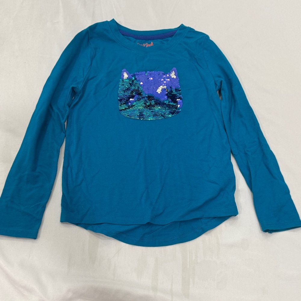 Cat & Jack Teal Long Sleeve Shirt with Sequin Cat Design